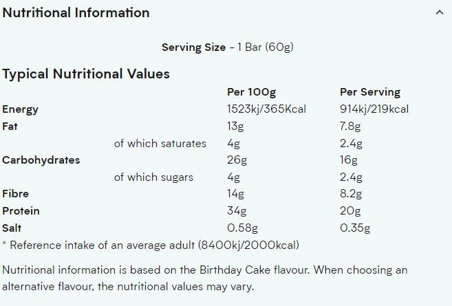 MYPROTEIN 6 LAYER PROTEIN BAR, NUTRITION INFO