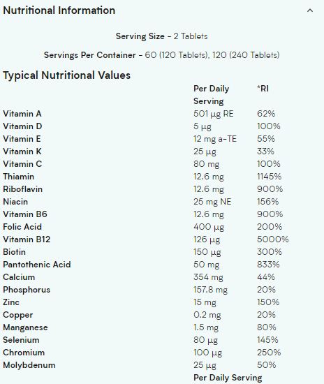 MYPROTEIN ALPHA MEN MULTIVITAMIN, 240 TABLETS NUTRITION INFO P1